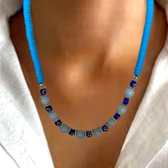 Hand Crafted Turquoise & White & Evil Eye 🧿 Beaded Necklace - Picture 1 of 3